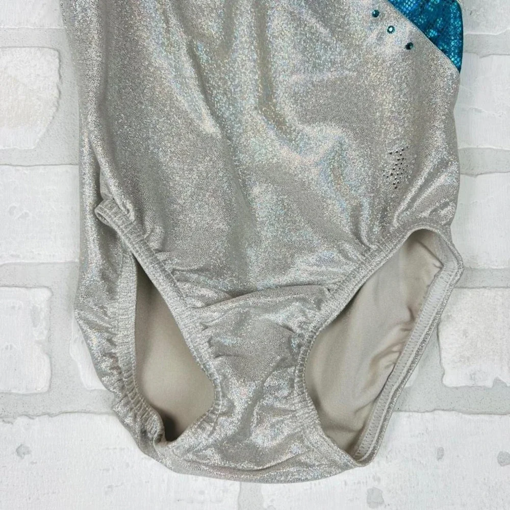 Silver Teal Holographic Rhinestone Sleeveless Gymnastics Leotard Kids
